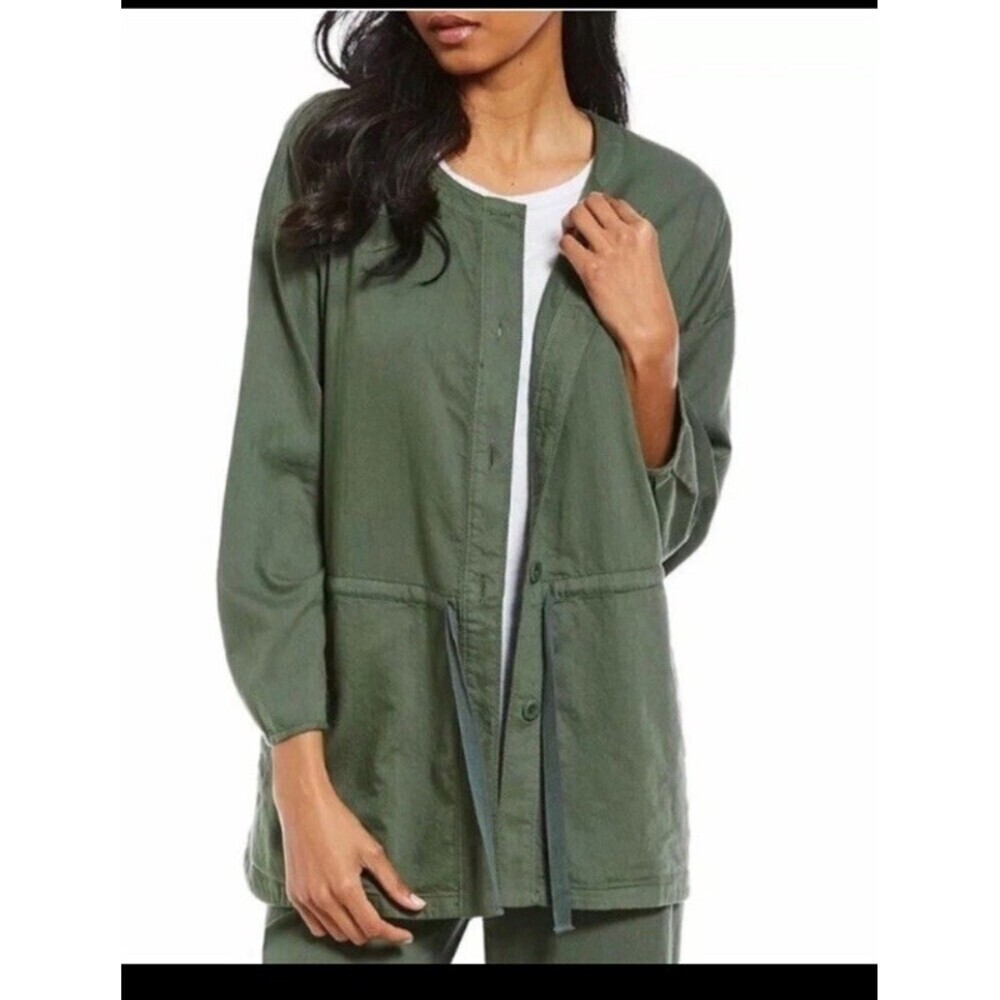 Eileen Fisher Jacket Women PETITE SMALL Army Green Military Drawstring Mandarin